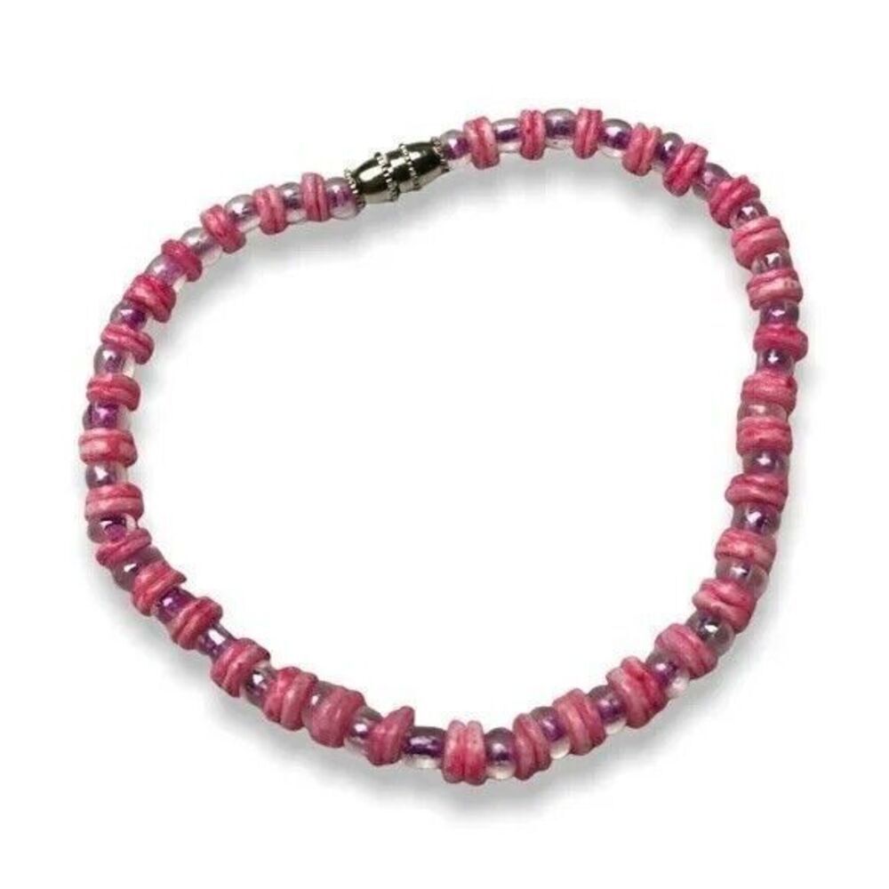 Handmade Beaded Bracelet Purple Pink Heishe Style Disc Beads Silver Tone Clasp